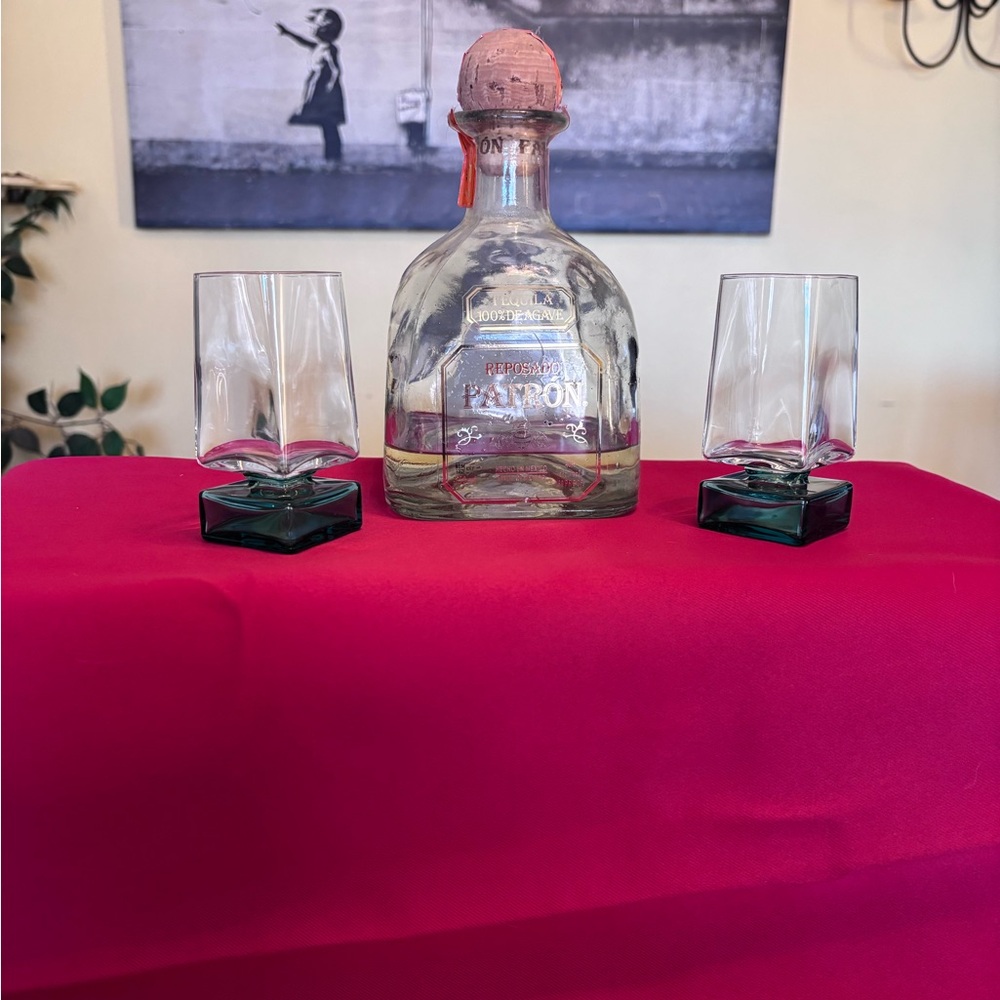 Monet Clear Glass Decanter and Emerald-Base Square Tumblers vintage